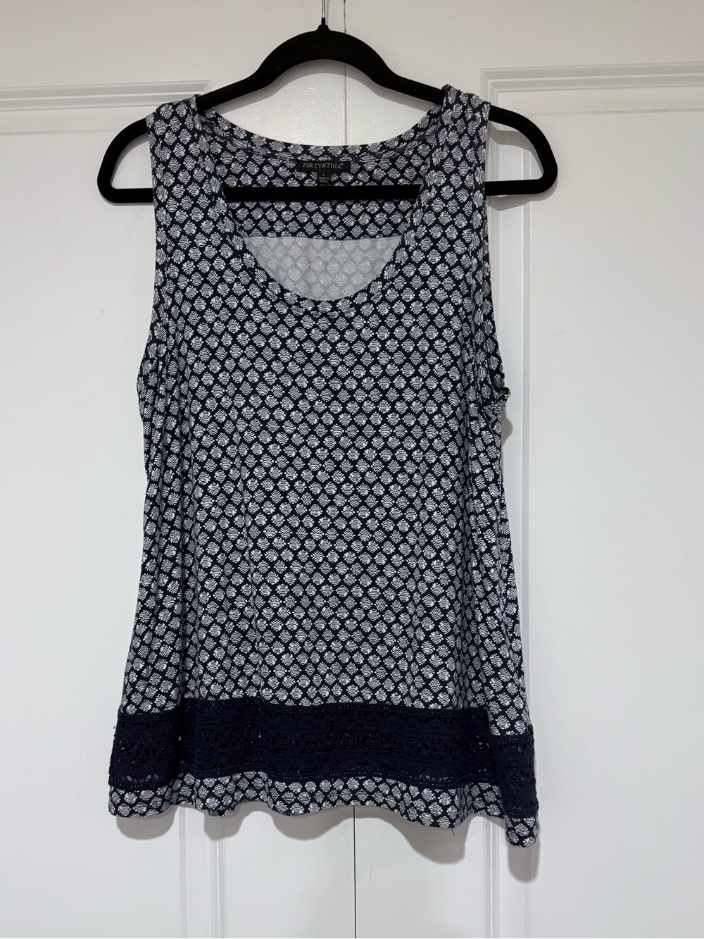 For Cynthia Navy & White Printed Tank with Lace Trim